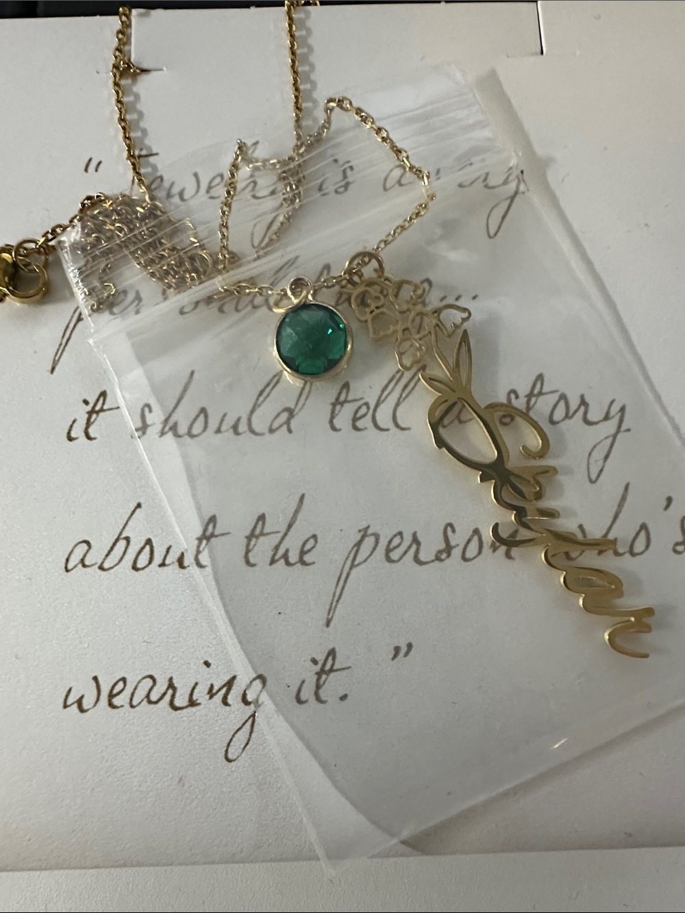 Source Unknown Gold Script Name Necklace with Green Pendant